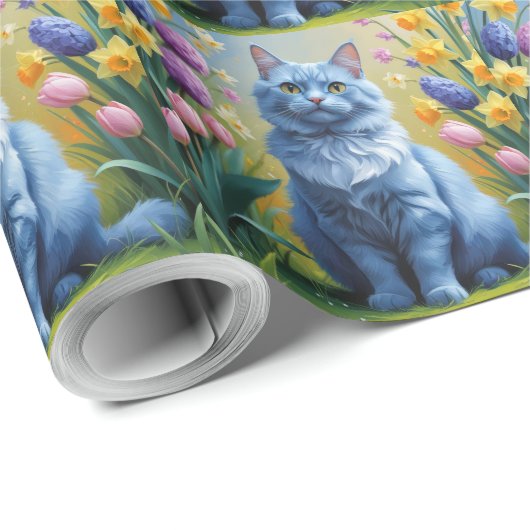 Russische Blauen Katzen Frühlingsblumen Malerei Geschenkpapier (Rolleneckpunkt)