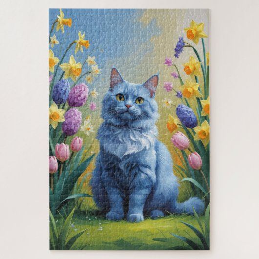 Russische Blauen Katzen Frühlingsblumen Malerei Puzzle (Vertikal)
