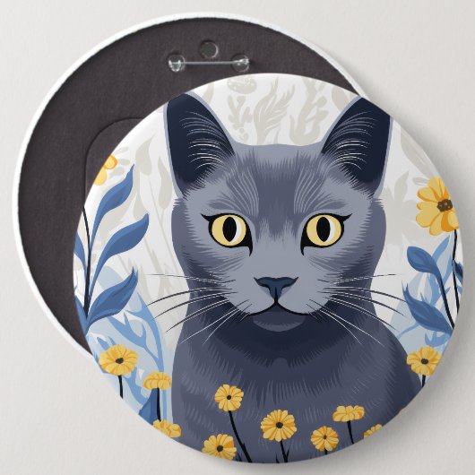 Russische Blaukatzengelbe Blumen Button (Vorne & Hinten)