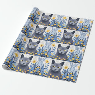 Russische Blaukatzengelbe Blumen Geschenkpapier