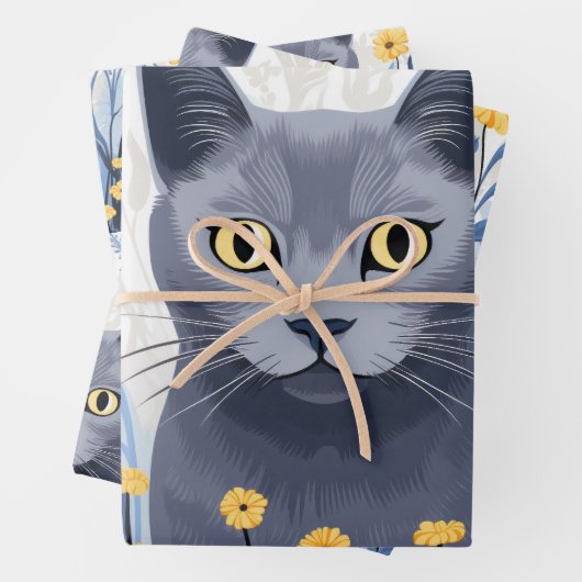 Russische Blaukatzengelbe Blumen Geschenkpapier Set (Beispiel)