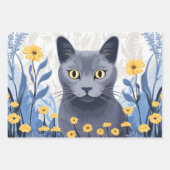 Russische Blaukatzengelbe Blumen Geschenkpapier Set (Vorderseite)