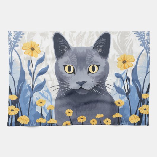Russische Blaukatzengelbe Blumen Geschirrtuch (Horizontal)