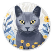 Russische Blaukatzengelbe Blumen Keramikknauf (Vorderseite)