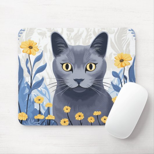 Russische Blaukatzengelbe Blumen Mousepad (Mit Mouse)
