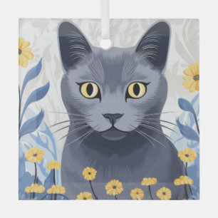 Russische Blaukatzengelbe Blumen Ornament Aus Glas