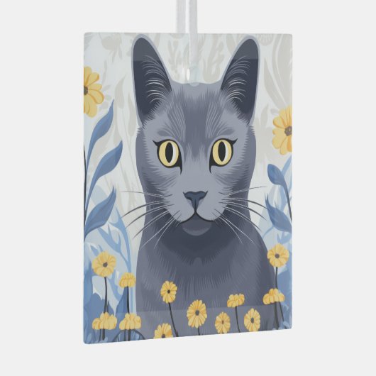 Russische Blaukatzengelbe Blumen Ornament Aus Glas (Vorderseite Rechts)