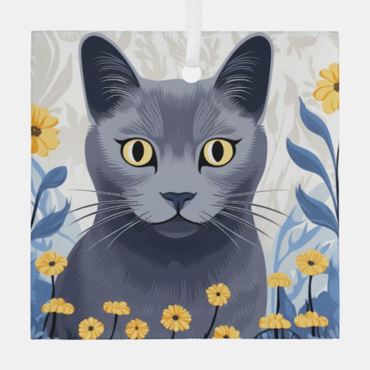 Russische Blaukatzengelbe Blumen Ornament Aus Glas (Rückseite)