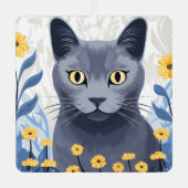 Russische Blaukatzengelbe Blumen Ornament Aus Metall (Vorderseite)