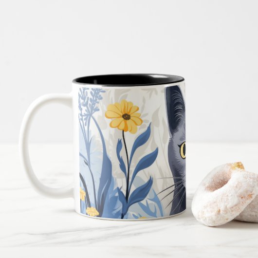 Russische Blaukatzengelbe Blumen Zweifarbige Tasse (Mit Donut)