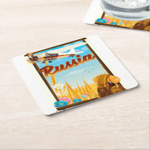 Russische Farm Landschaften Cartoon Reiseplakat Rechteckiger Pappuntersetzer