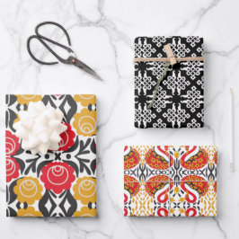 Russische Folklorerote Blume und Geflügel, geometr Geschenkpapier Set