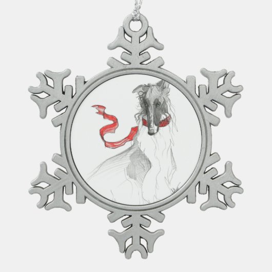 Russische rote Borzoi-Verzierung Schneeflocken Zinn-Ornament (Vorderseite)