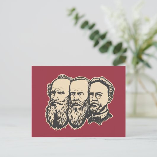 Russische Troika: Tolstoi, Dostojewski, Tschechow Postkarte (Stehend Vorderseite)