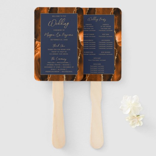 Rust Agate Navy Blue Gold Script Wedding Programm Fächer (Vorne und Hinten)