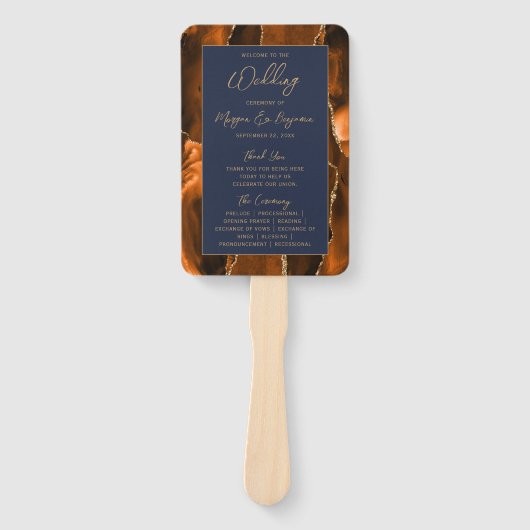 Rust Agate Navy Blue Gold Script Wedding Programm Fächer (Vorderseite)