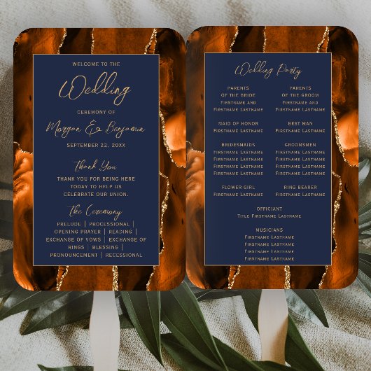 Rust Agate Navy Blue Gold Script Wedding Programm Fächer