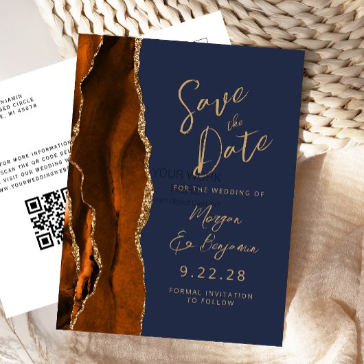 Rust Agate Navy Blue Script QR-Code Save the Date Ankündigungspostkarte