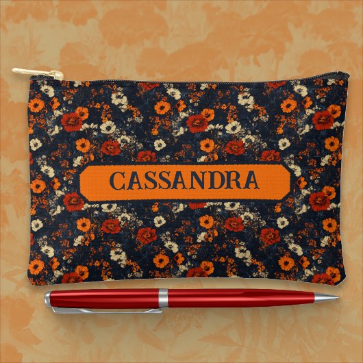 Rust and Orange on Blue Ditsy Country Floral Zubehörtasche