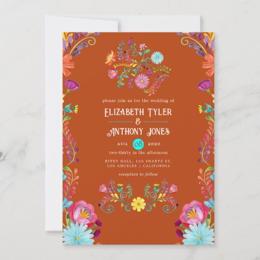 Rust & Aqua Floral Mexican Fiesta Wedding Einladung (Vorderseite)