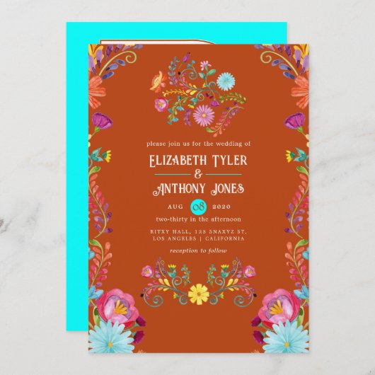Rust & Aqua Floral Mexican Fiesta Wedding Einladung (Vorne/Hinten)