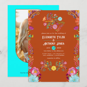 Rust & Aqua Florale Mexikanische Fiesta-Hochzeit Einladung