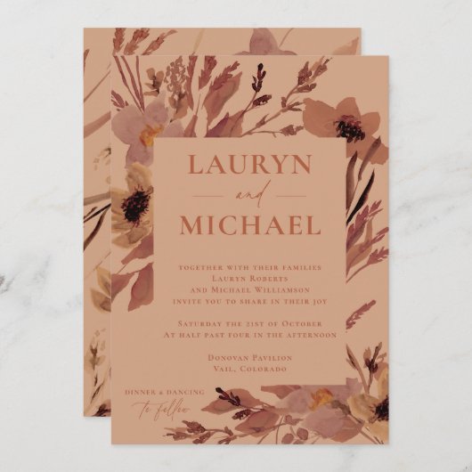 Rust Autumn Watercolor blüht Hochzeitseinladung Einladung (Vorne/Hinten)