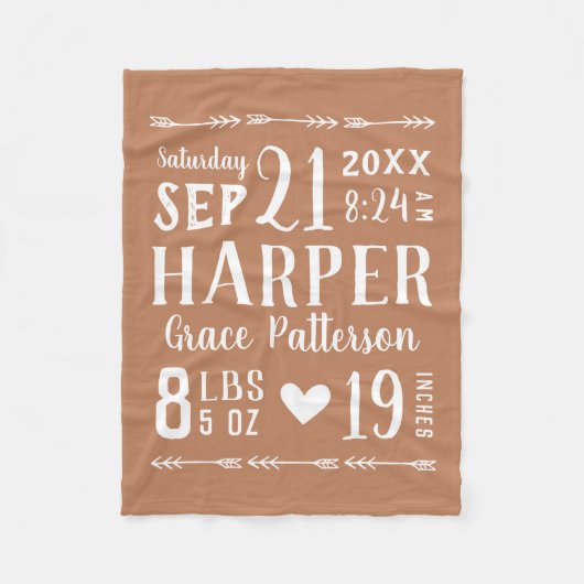 Rust Baby Birth Stats Keepake Fleecedecke (Vorderseite)