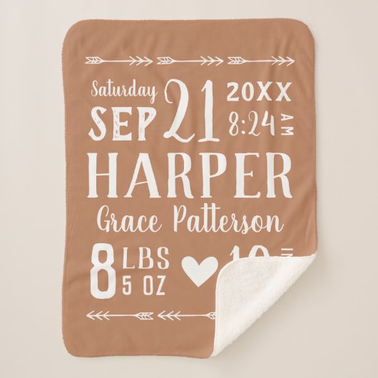 Rust Baby Birth Stats Keepake Sherpadecke (Vorderseite)