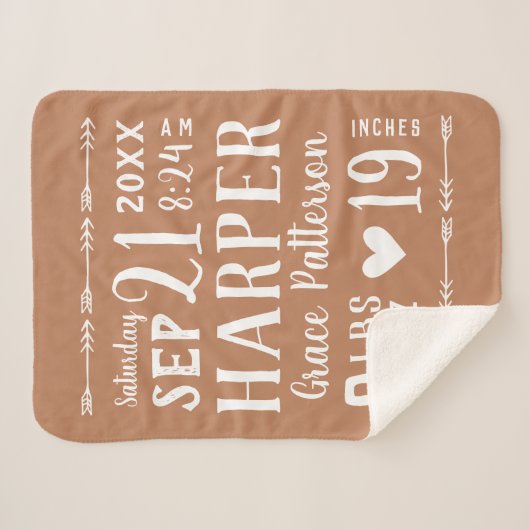 Rust Baby Birth Stats Keepake Sherpadecke (Vorderseite (Horizontal))