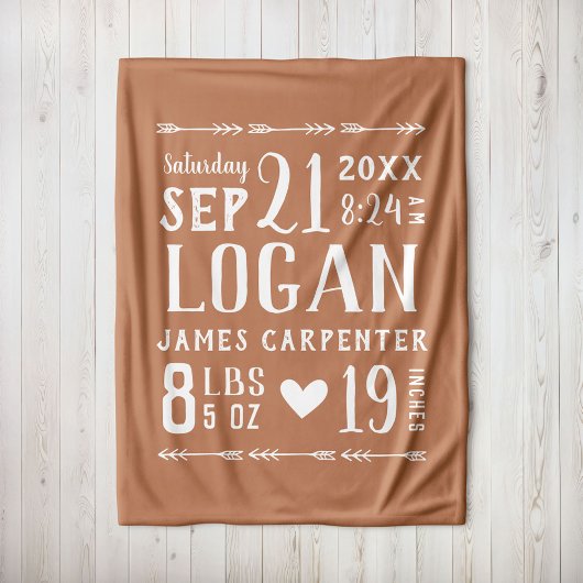 Rust Baby Boy Birth Stats Keepake Fleecedecke
