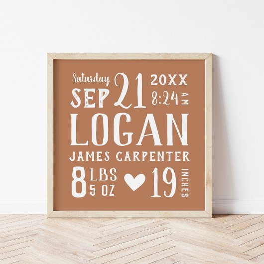 Rust Baby Boy Birth Stats Keepake Poster