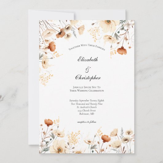 Rust Beige Boho Wildblumen Botanische Hochzeit Einladung (Vorderseite)