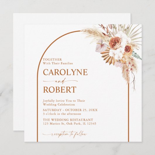 Rust Boho & Pampas Grass Terracotta Einladung (Vorne/Hinten)