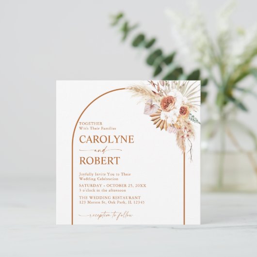 Rust Boho & Pampas Grass Terracotta Einladung (Stehend Vorderseite)