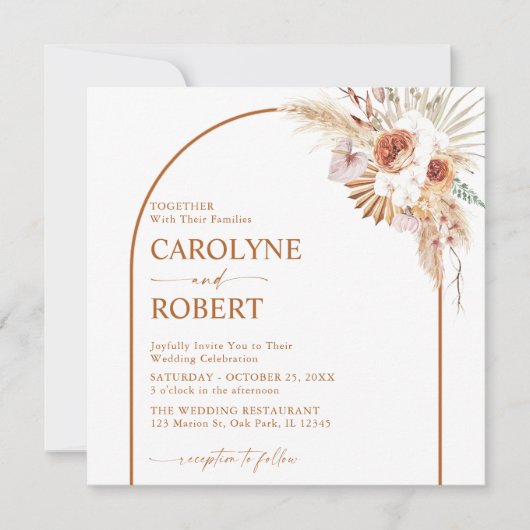 Rust Boho & Pampas Grass Terracotta Einladung (Vorderseite)