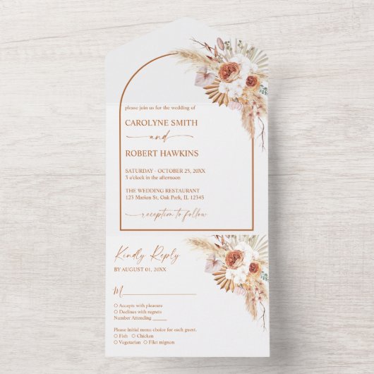 Rust Boho & Pampas Grass Wedding All In One Einladung (Innen Boden)