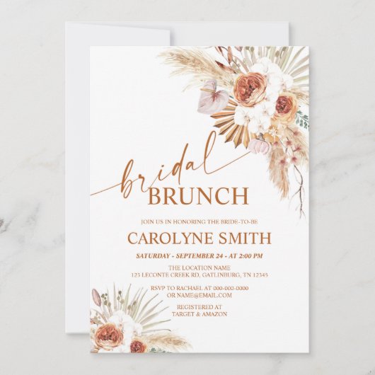 Rust Boho und Pampas Grass Bridal Brunch Einladung (Vorderseite)