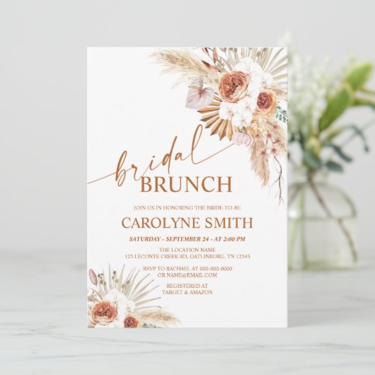 Rust Boho und Pampas Grass Bridal Brunch Einladung (Stehend Vorderseite)