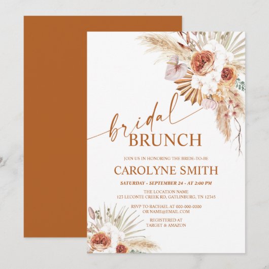 Rust Boho und Pampas Grass Bridal Brunch Einladung (Vorne/Hinten)