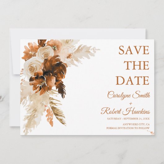 Rust Boho und Pampas Grass Stilvoll Save The Date (Vorderseite)