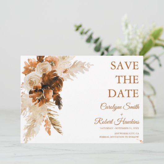 Rust Boho und Pampas Grass Stilvoll Save The Date (Stehend Vorderseite)