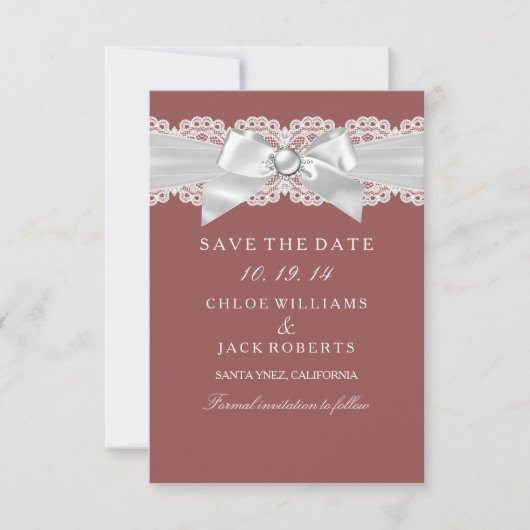 Rust Brown Damask & Pearl Bow Save the Date (Vorderseite)