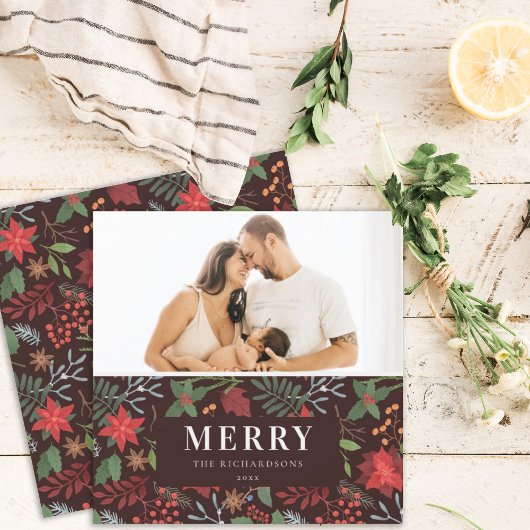 Rust Brown Merriest Weihnachten Blumenmuster Foto