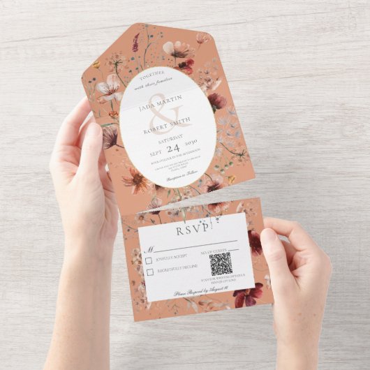 Rust & Burnt Orange Wildblume QR-Code All In One Einladung (Abreißen)