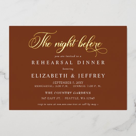 Rust Calligraphy The Night Before Rehearsal Dinner Folieneinladung (Vorderseite)
