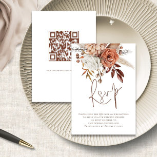 Rust Floral Brown Script QR Code Wedding RSVP Kart