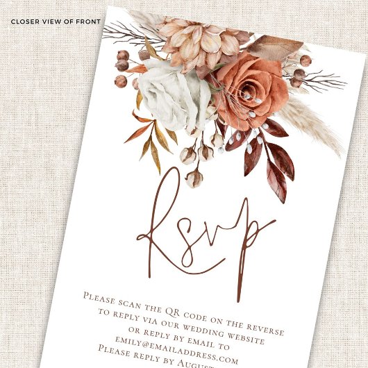 Rust Floral Brown Script QR Code Wedding RSVP Kart Karte