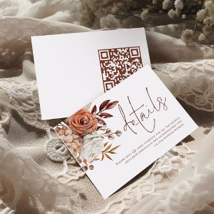 Rust Florals Brown Script QR Code Wedding Details Begleitkarte