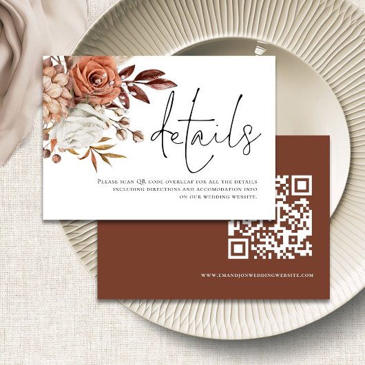 Rust Florals Script QR Code Wedding Details Begleitkarte